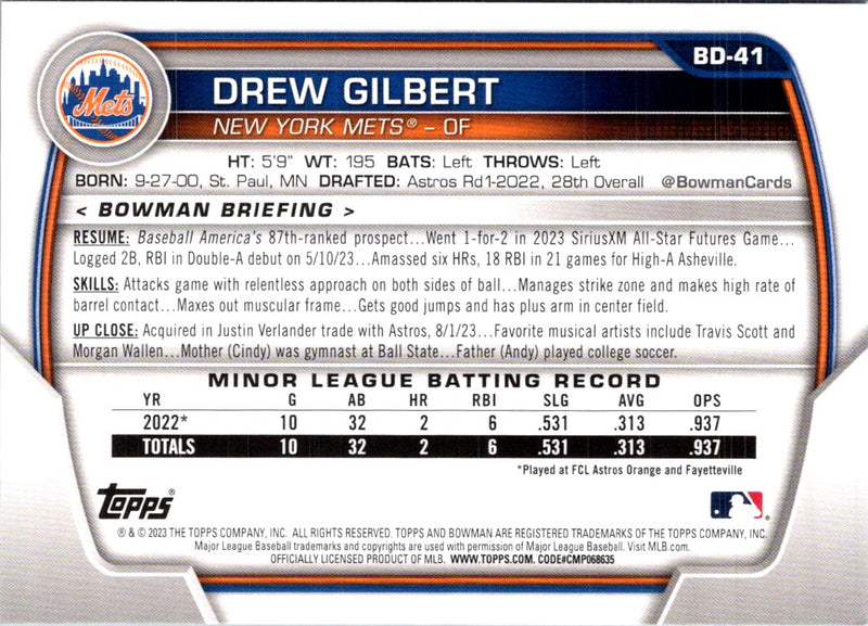 2023 Bowman Draft Drew Gilbert