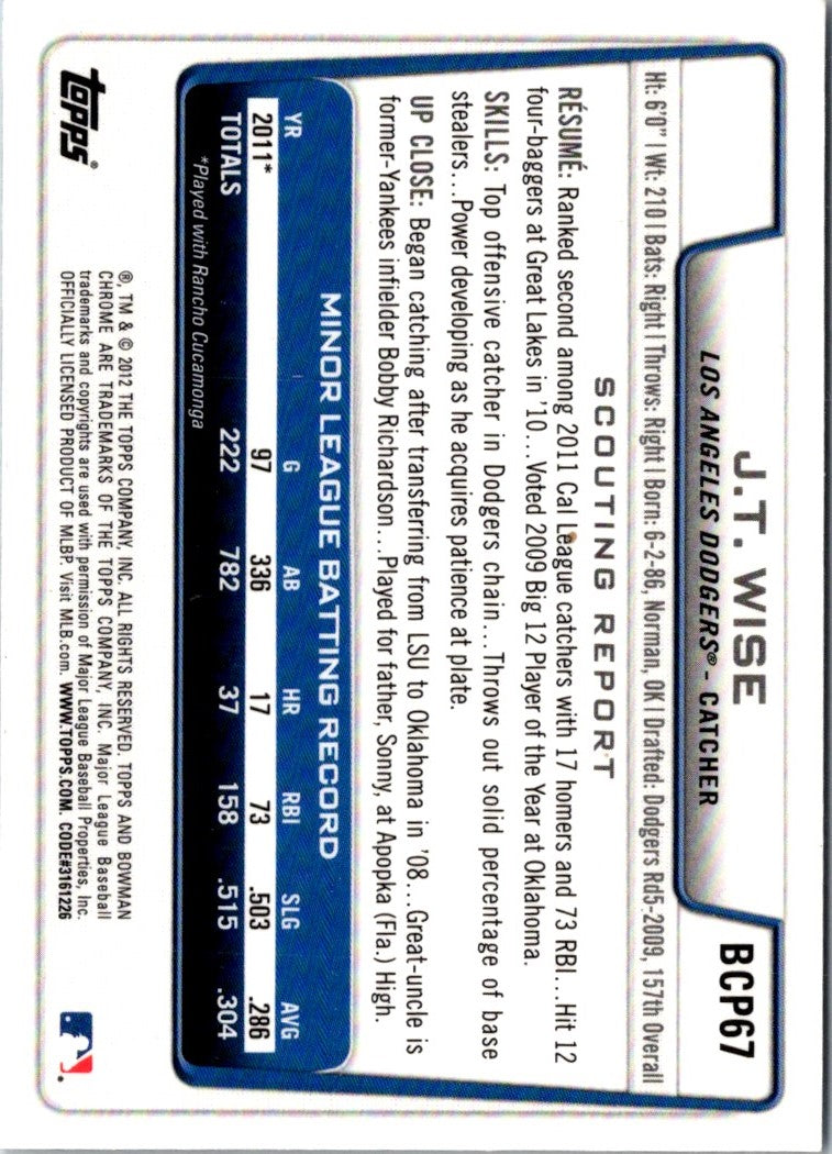 2012 Bowman Chrome Prospects J.T. Wise