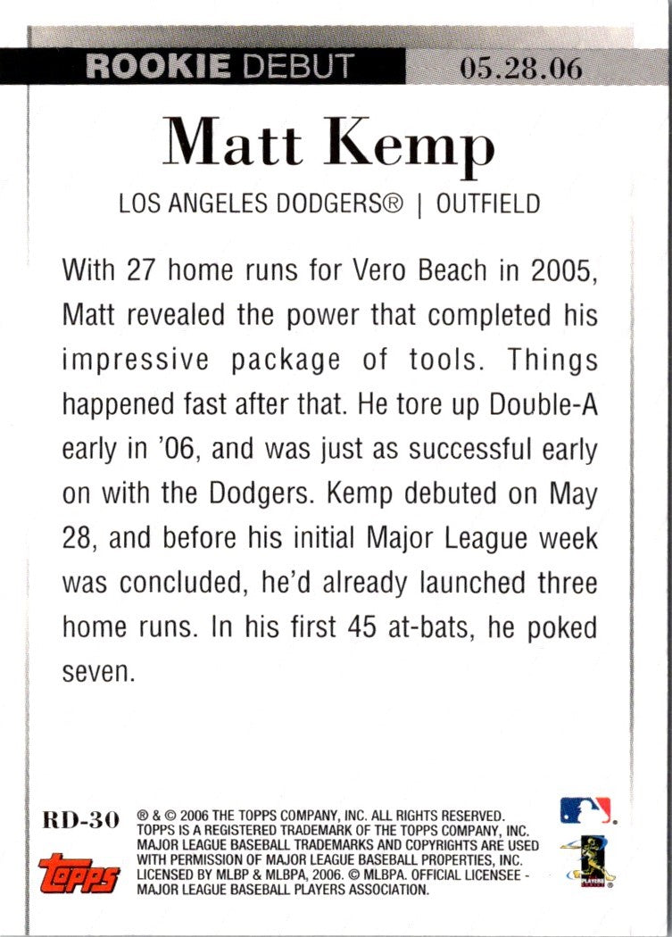 2006 Topps Updates & Highlights Rookie Debut Matt Kemp