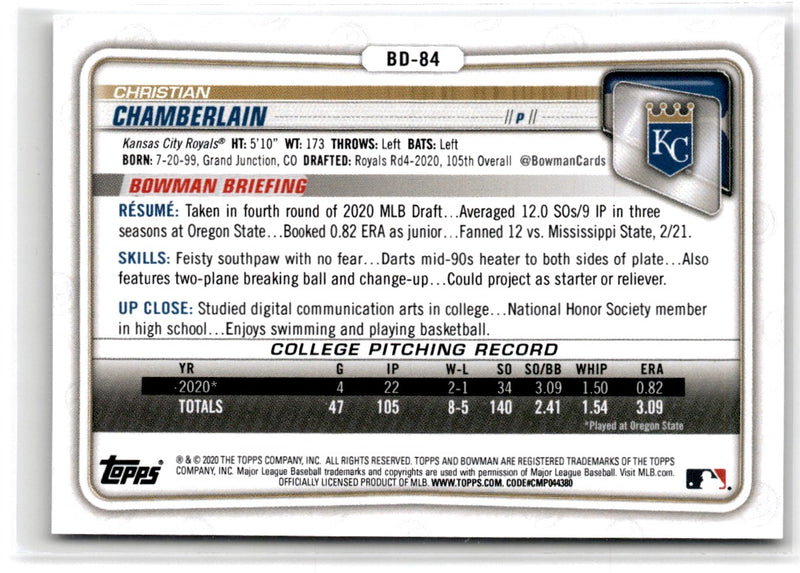 2020 Bowman Draft 1st Edition Christian Chamberlain