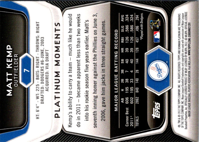 2012 Bowman Platinum Matt Kemp