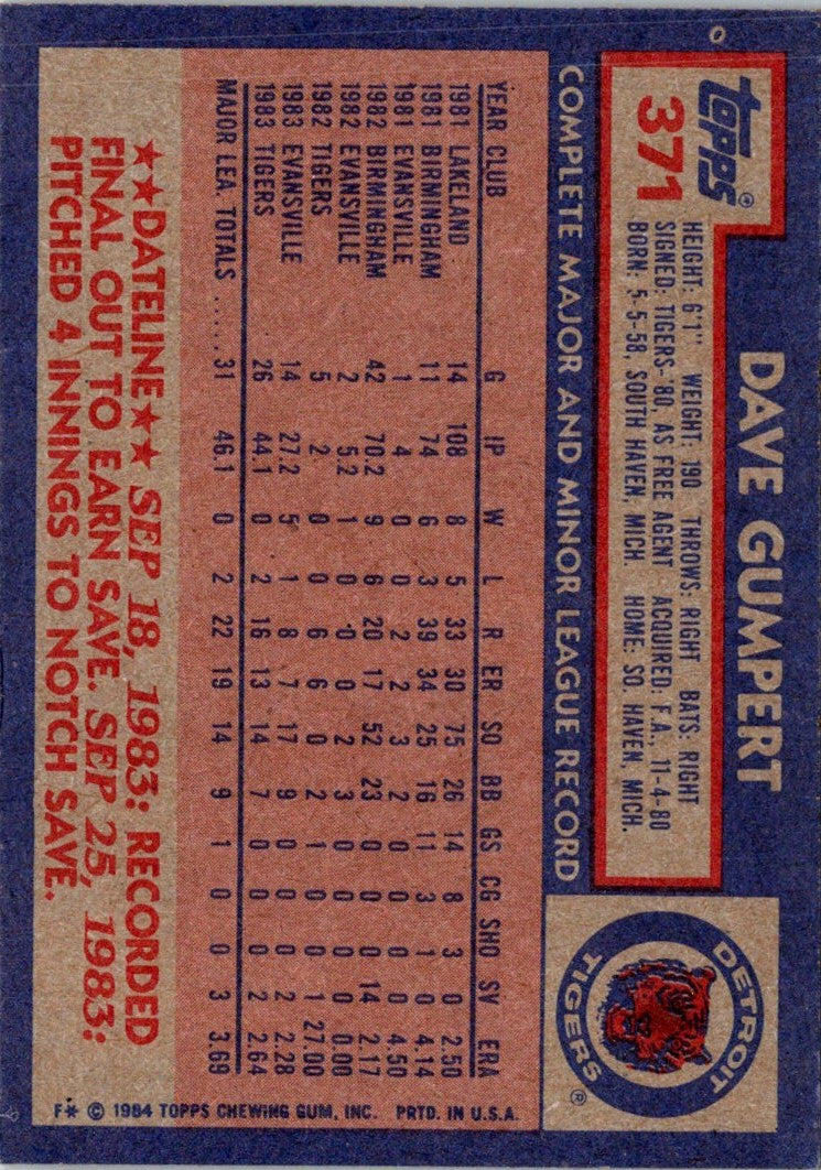 1984 Topps Dave Gumpert