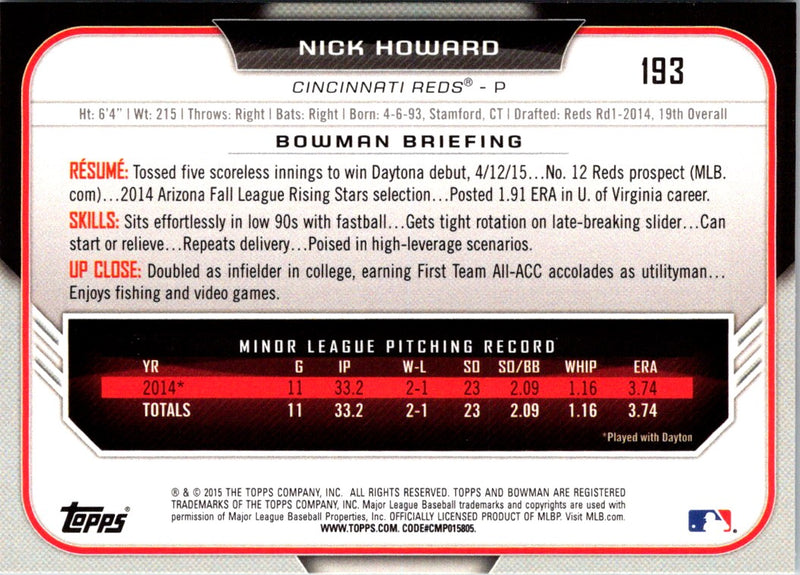 2015 Bowman Draft Picks & Prospects Nick Howard