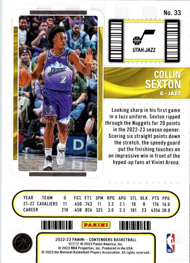 2022 Panini Contenders Season Ticket Collin Sexton