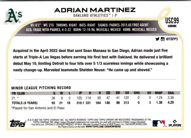 2022 Topps Chrome Update Adrian Martinez