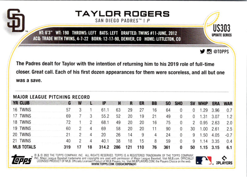 2022 Topps Update Taylor Rogers