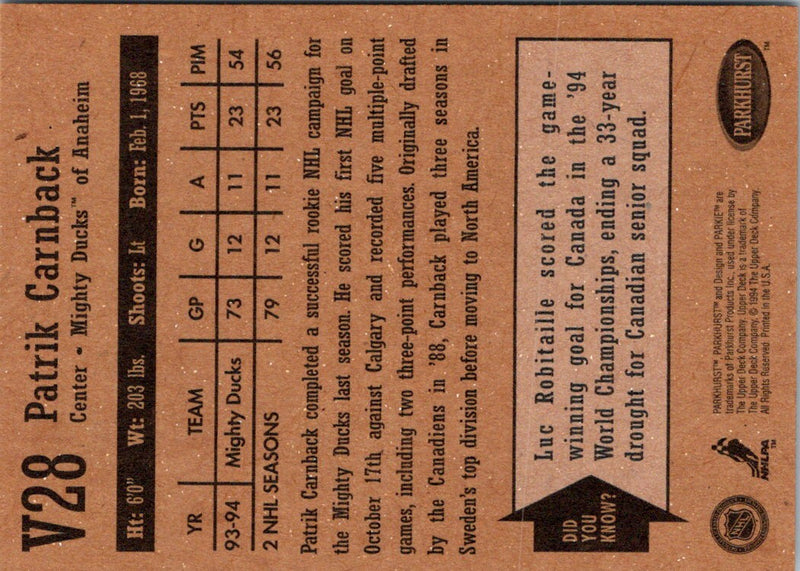 1994 Parkhurst Vintage Patrik Carnback