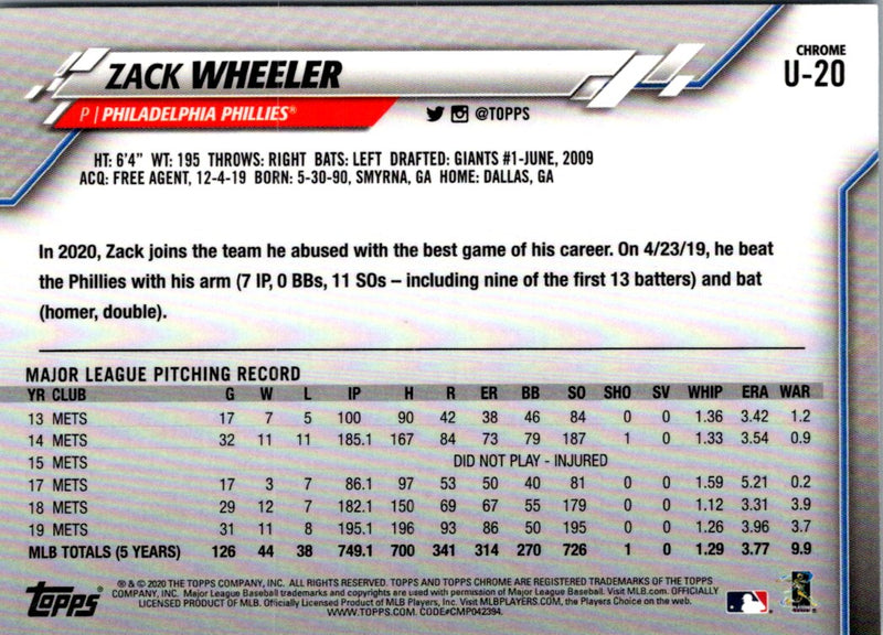 2020 Topps Chrome Update Zack Wheeler