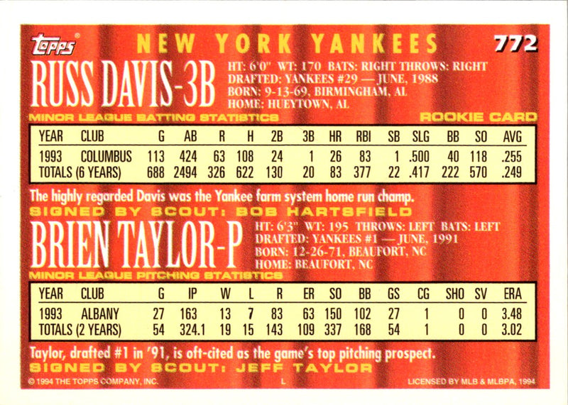 1994 Topps Russ Davis/Brien Taylor