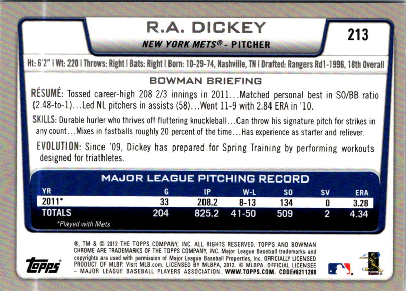 2012 Bowman Chrome R.A. Dickey