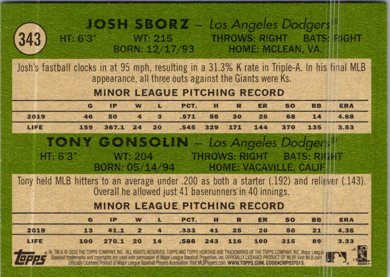 2020 Topps Heritage Josh Sborz/ Tony Gonsolin