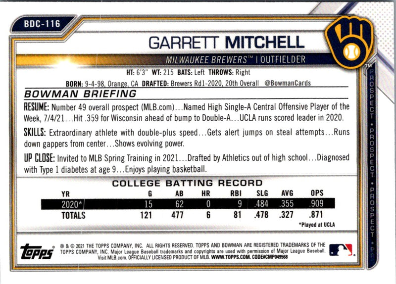 2021 Bowman Draft Chrome Garrett Mitchell