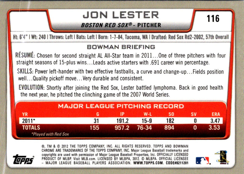 2012 Bowman Chrome Jon Lester