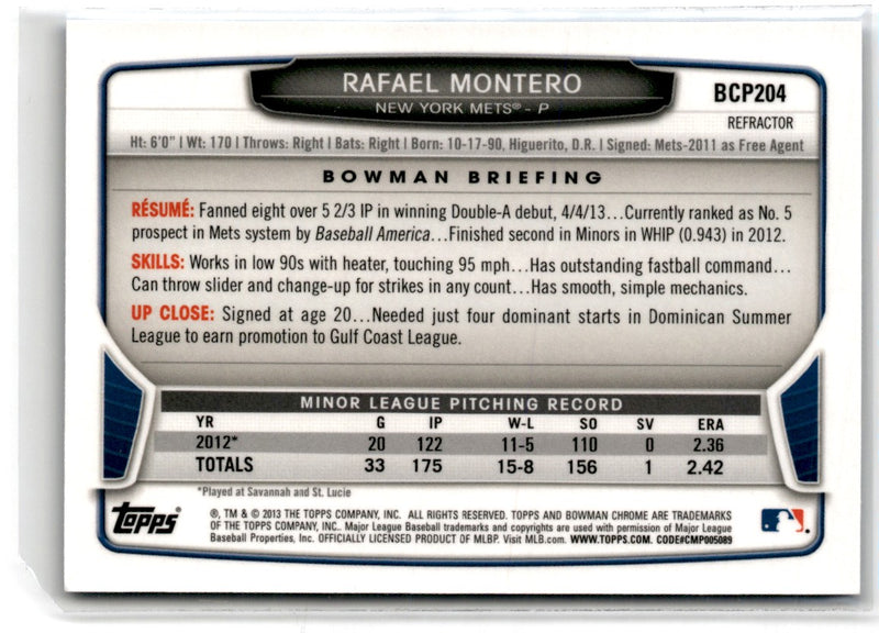 2013 Bowman Chrome Prospects Blue Wave Refractors Rafael Montero