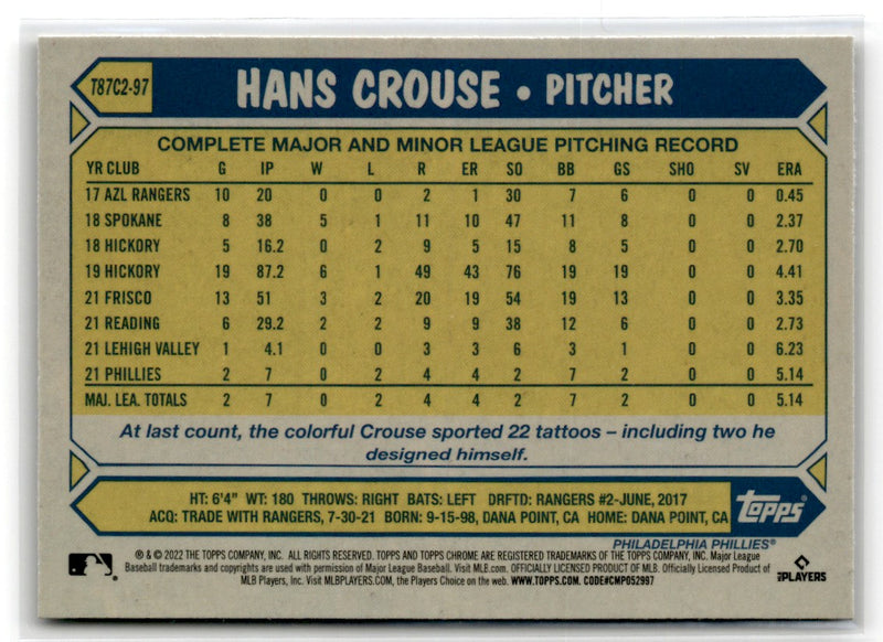 2022 Topps 1987 Baseball Chrome Hans Crouse