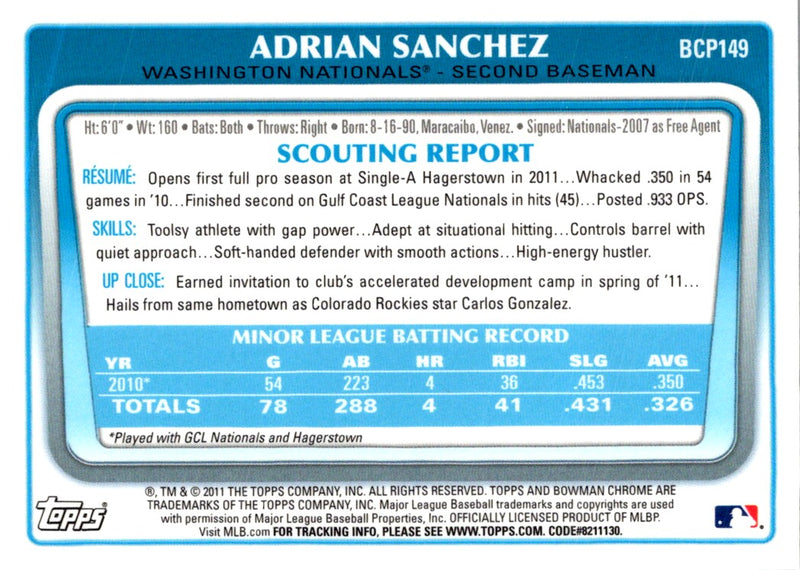 2011 Bowman Chrome Prospects Adrian Sanchez