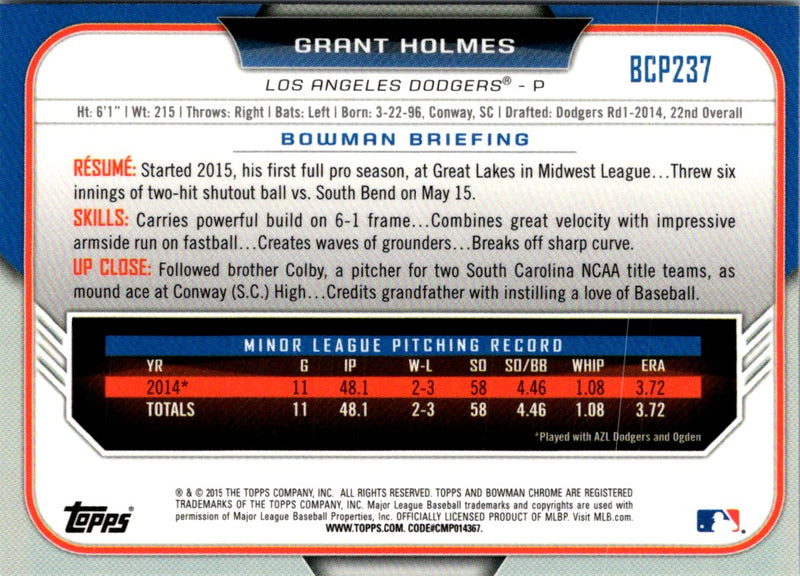 2015 Bowman Chrome Prospects Grant Holmes