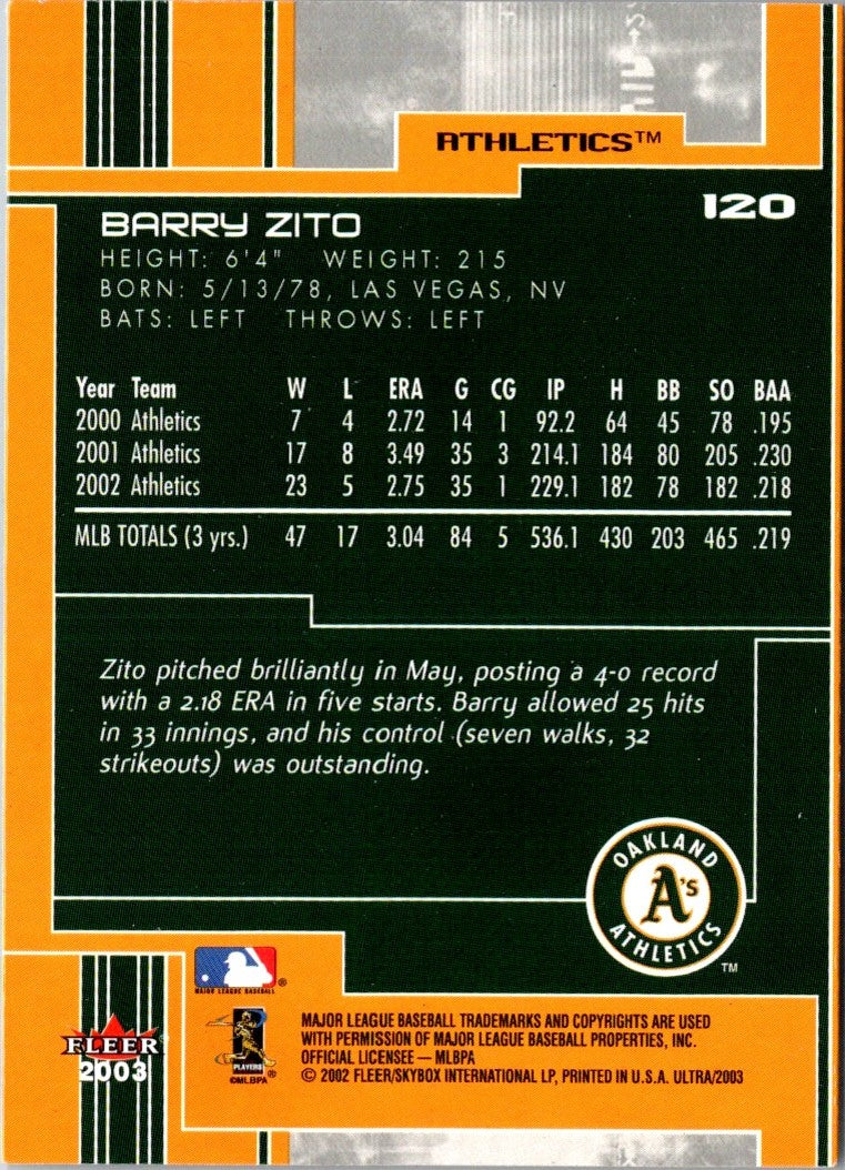 2002 Fleer Focus JE K Corps Game Used Barry Zito