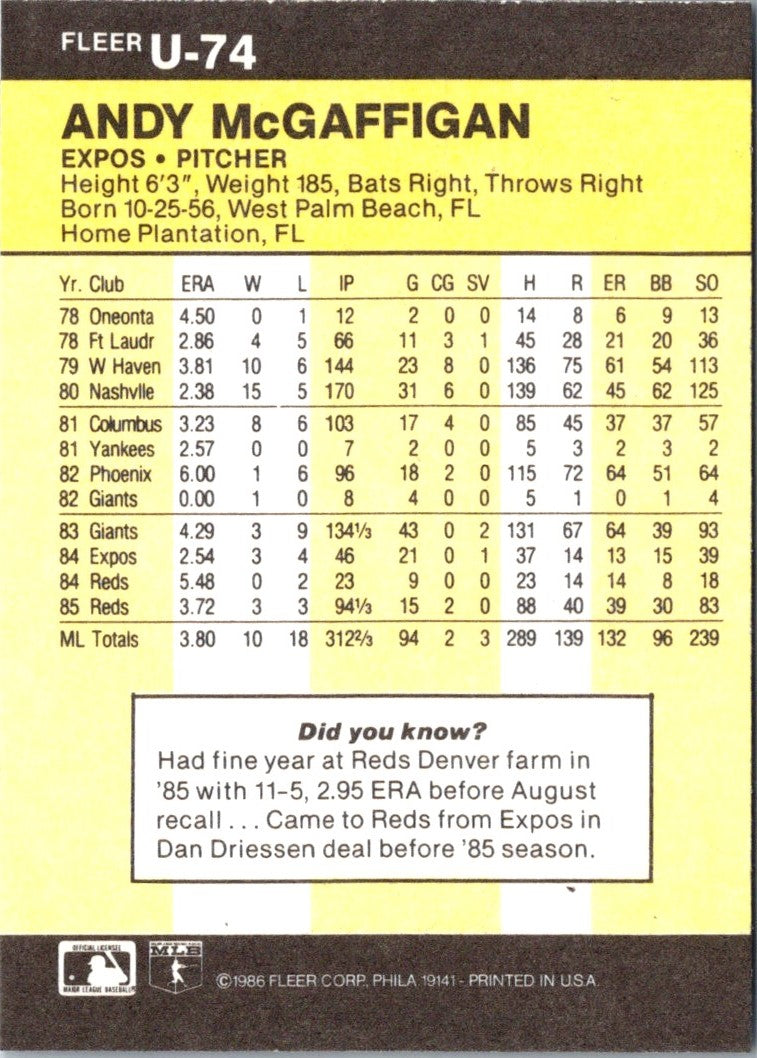 1986 Fleer Update Andy McGaffigan