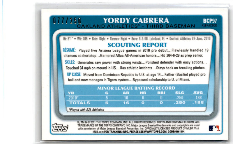 2011 Bowman Chrome Prospects Yordy Cabrera