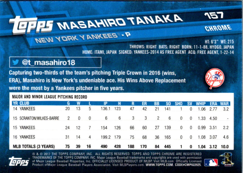 2017 Topps Chrome Masahiro Tanaka