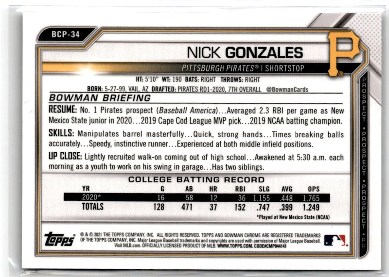 2021 Bowman Chrome Refractor Purple Nick Gonzales