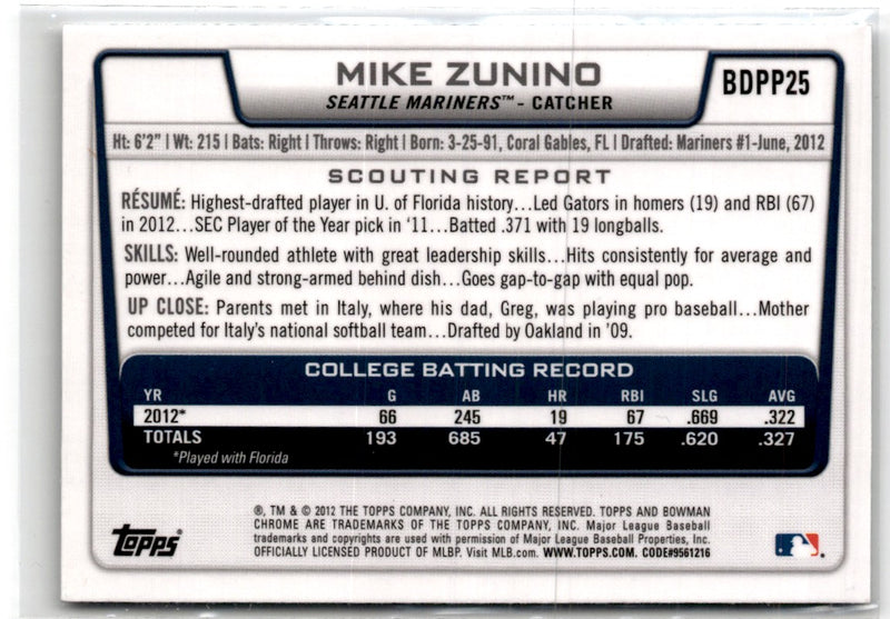 2012 Bowman Draft Picks & Prospects Chrome Mike Zunino