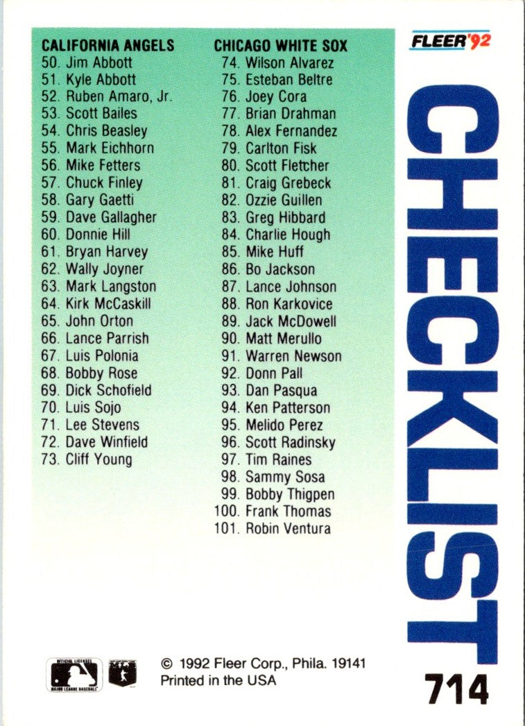 1992 Fleer Checklist: Orioles/Red Sox/Angels/White Sox