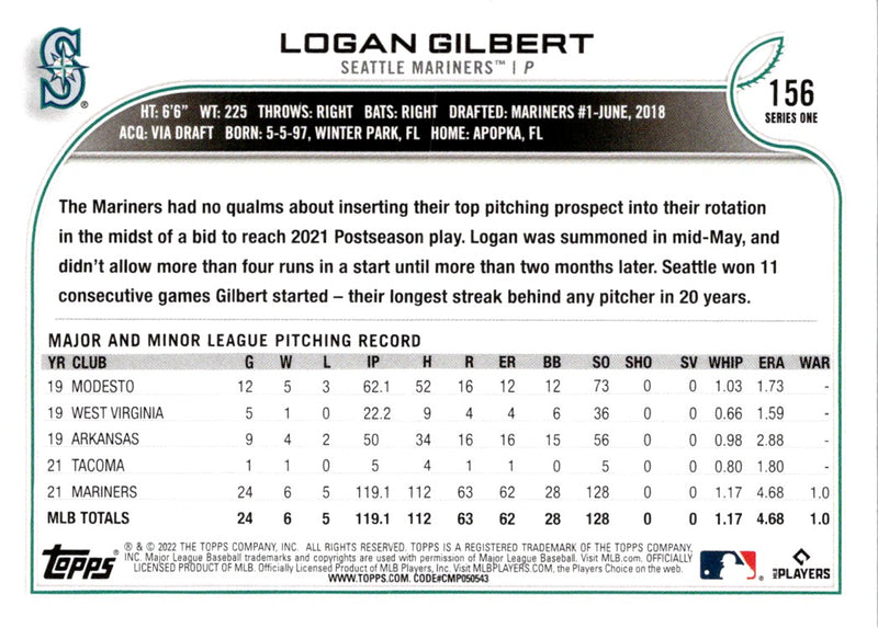 2022 Topps Gold Stars Logan Gilbert