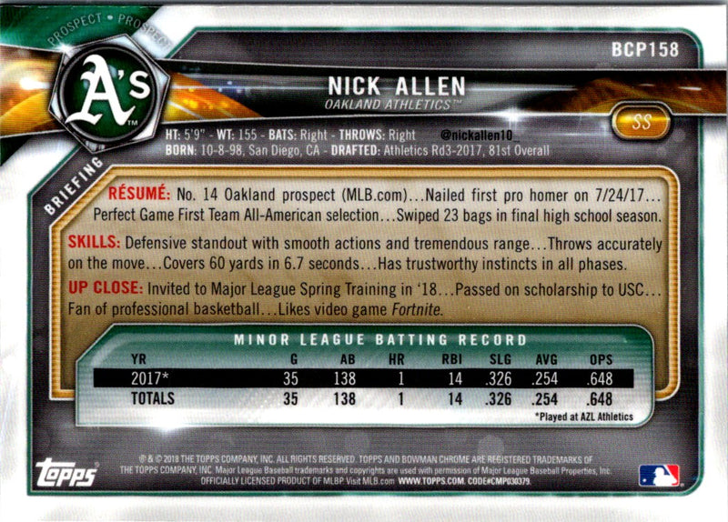 2018 Bowman Chrome Prospects Nick Allen
