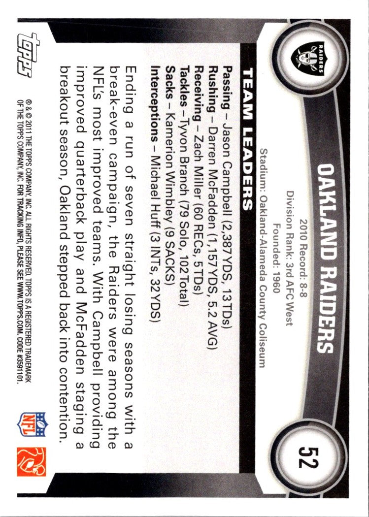 2011 Topps Oakland Raiders (Jason Campbell/Darren McFadden/Marcell Reese)