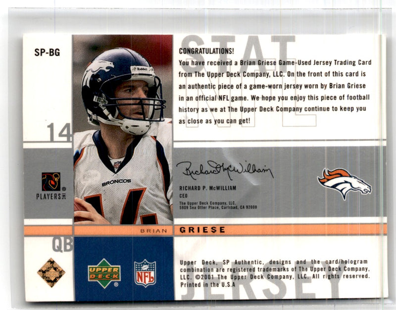 2001 SP Authentic Stat Jerseys Brian Griese