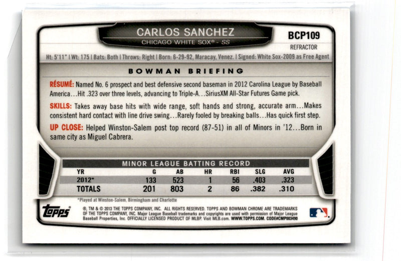 2013 Bowman Chrome Prospects Blue Wave Carlos Sanchez