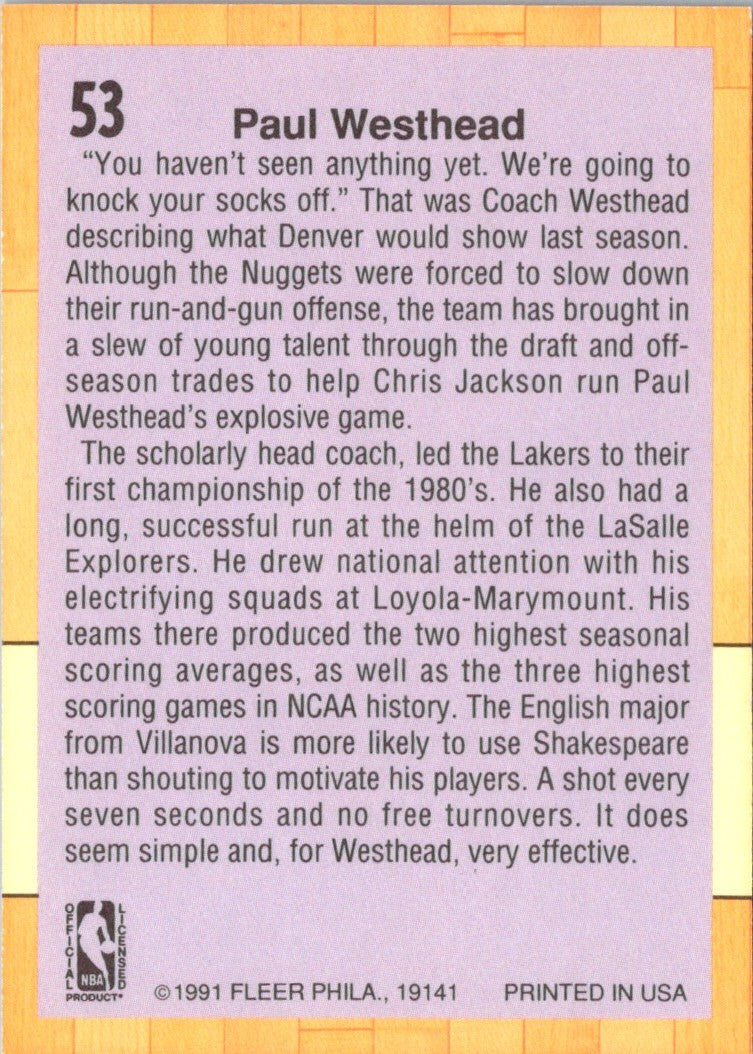 1991 Fleer Paul Westhead