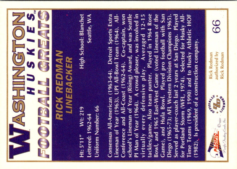 1992 Pacific Greats Washington Huskies Rick Redman