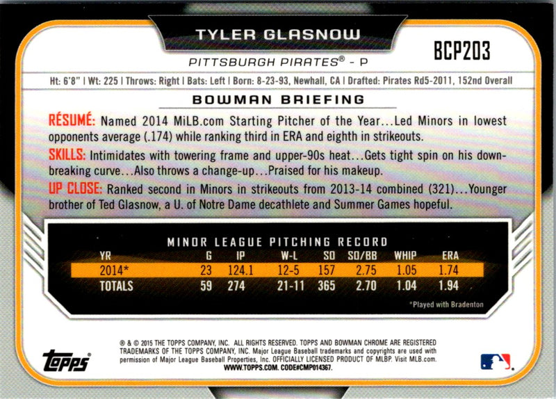 2015 Bowman Chrome Prospects Tyler Glasnow