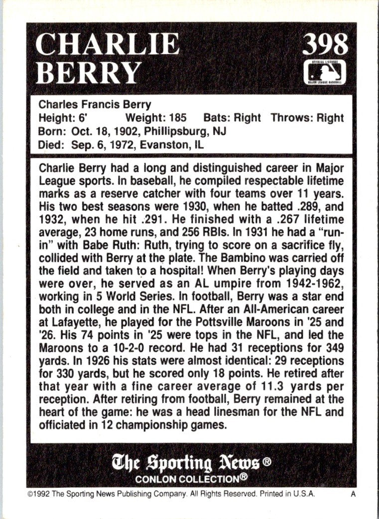 1992 Conlon Collection TSN Charlie Berry