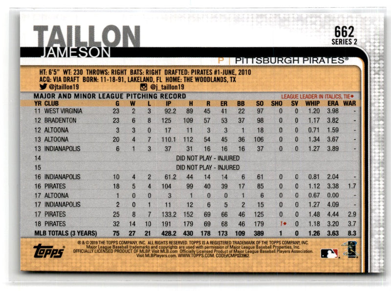 2019 Topps Pittsburgh Pirates Jameson Taillon