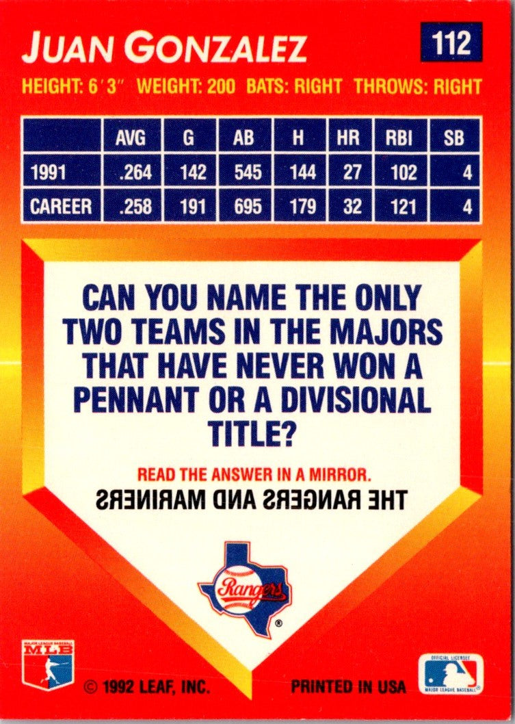 1992 Triple Play Juan Gonzalez