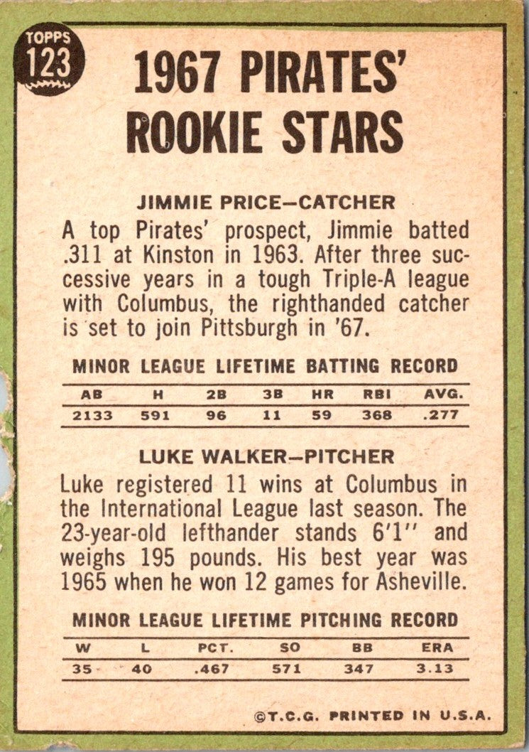 1967 Topps Pirates Rookies - Jim Price/Luke Walker