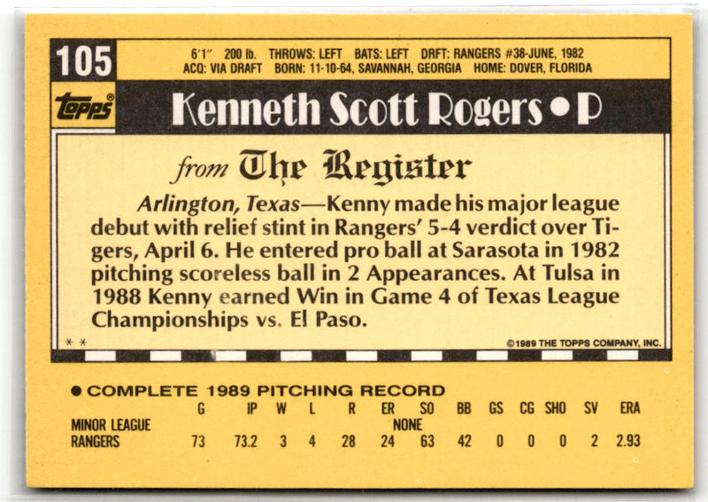 1990 Topps Major League Debut 1989 Kenny Rogers