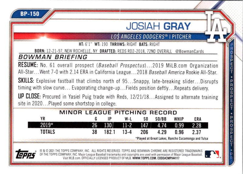 2021 Bowman Prospects Josiah Gray