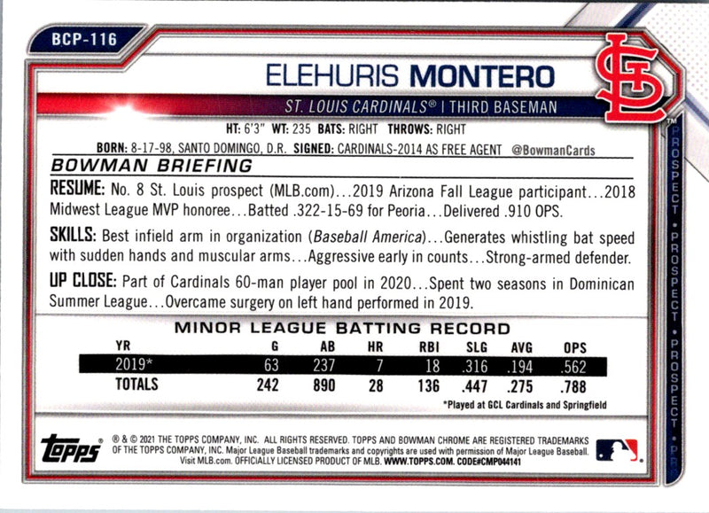 2021 Bowman Chrome Prospects Elehuris Montero