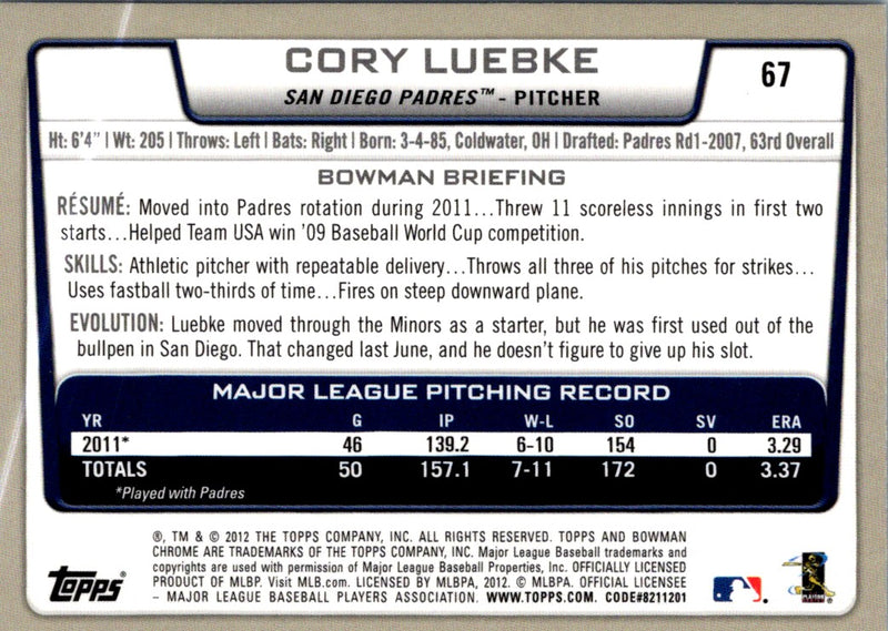 2012 Bowman Chrome Cory Luebke