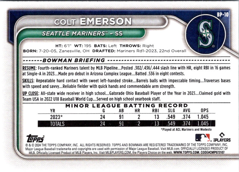 2024 Bowman Prospects Colt Emerson