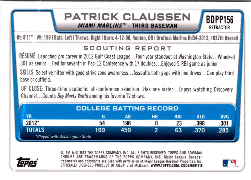 2012 Bowman Draft Picks & Prospects Patrick Claussen