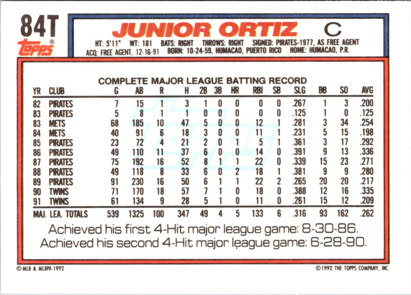 1992 Topps Traded Junior Ortiz