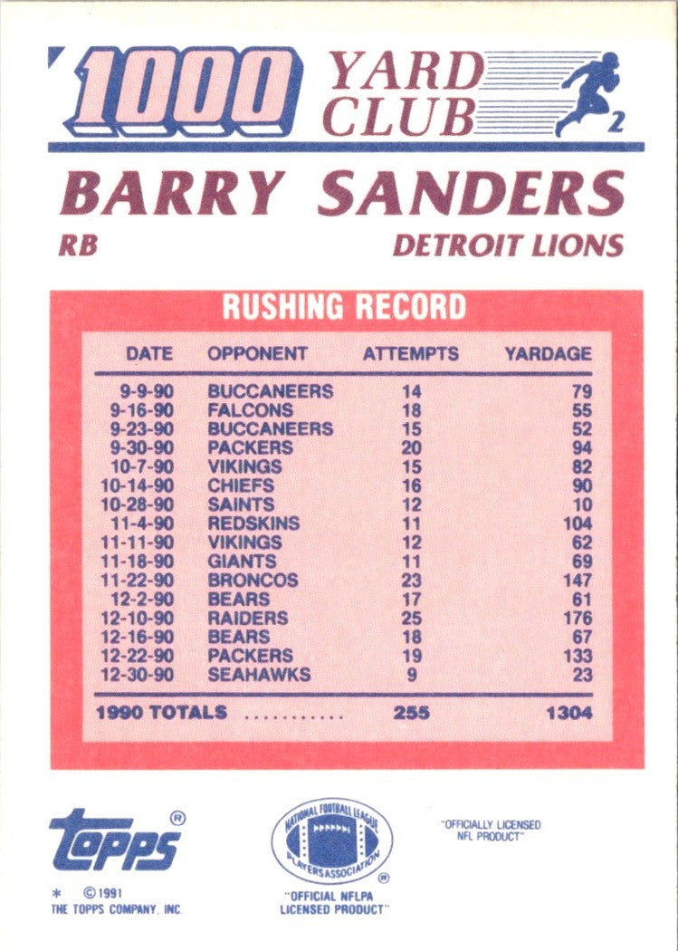 1991 Topps 1000 Yard Club (One Asterisk) Barry Sanders
