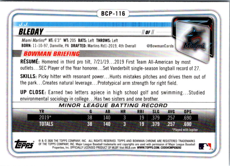 2020 Bowman Chrome Prospects J.J. Bleday