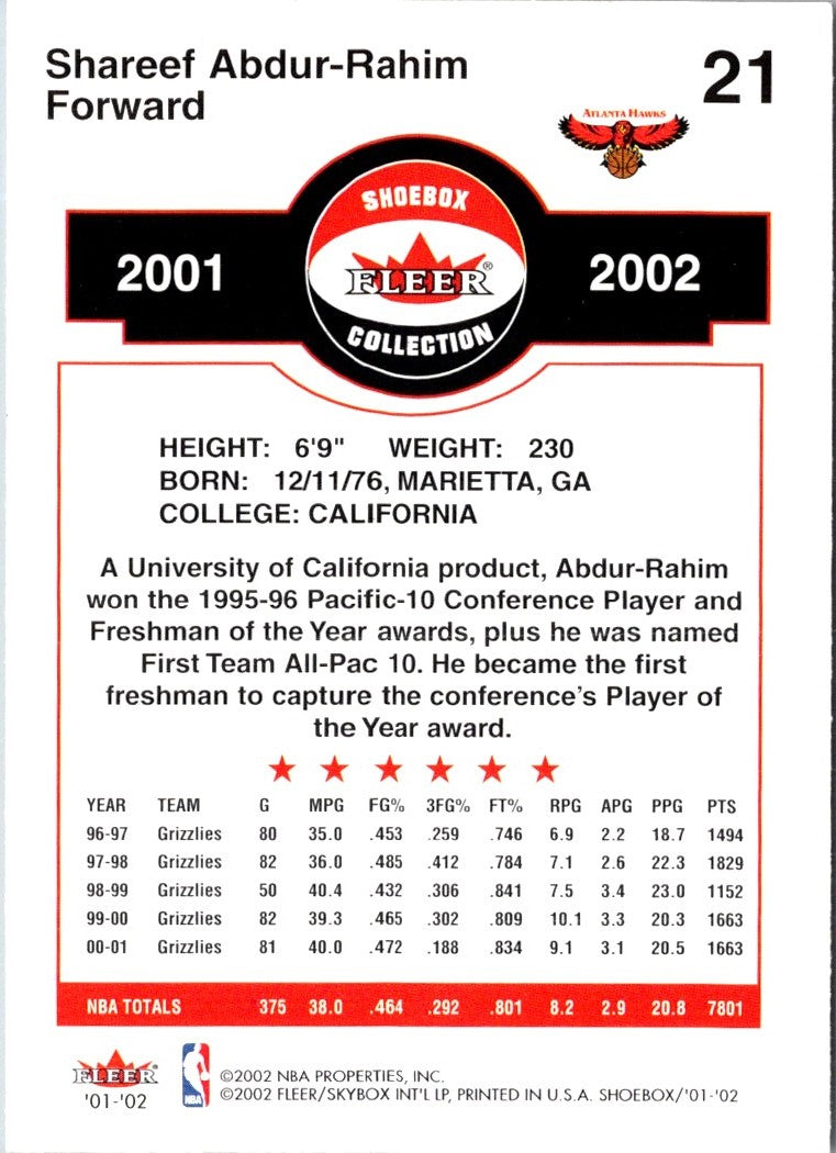 2001 Fleer Shoebox Shareef Abdur-Rahim